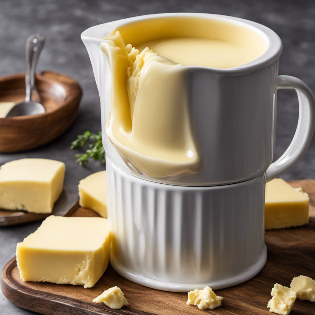 An image showcasing a measuring cup filled precisely with 2/3 cup of butter, melted to a creamy consistency