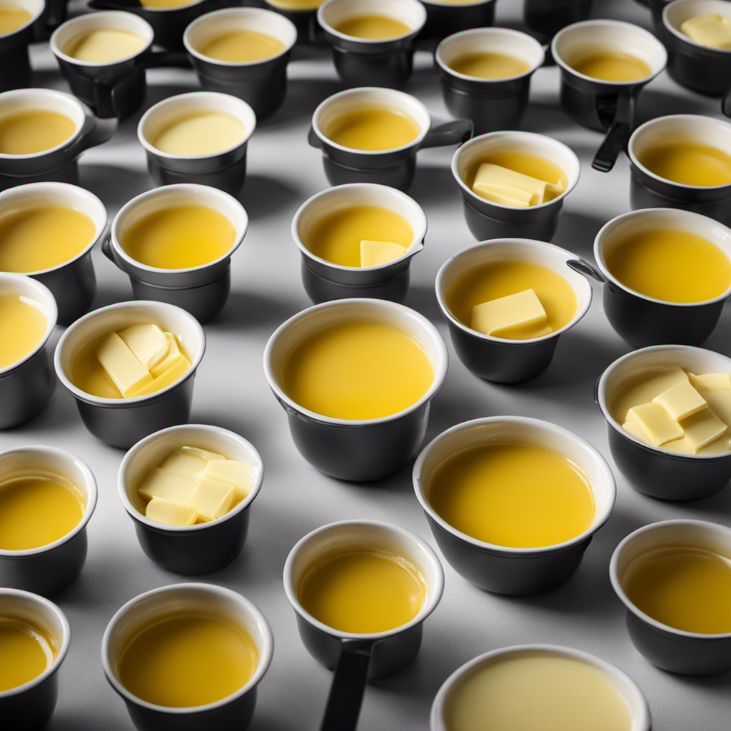 An image showcasing a measuring cup filled with 3/4 cup of melted butter, surrounded by 12 tablespoons of butter sticks neatly arranged in a row, visually illustrating the conversion between cups and tablespoons