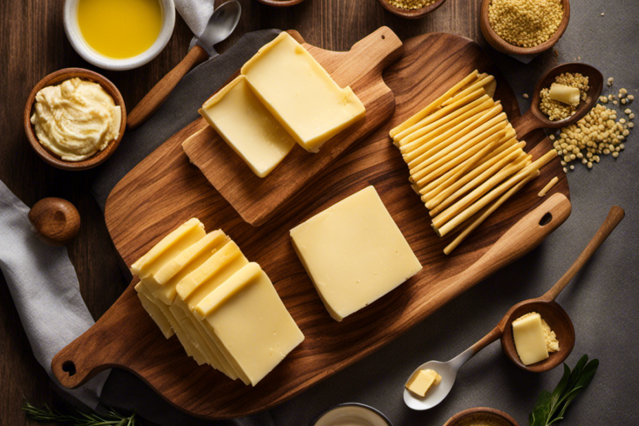An image showcasing a wooden cutting board with a stack of golden butter sticks beside a tablespoon, visually illustrating the conversion between tablespoons and sticks of butter