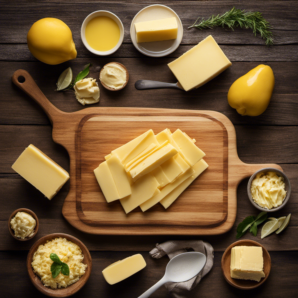 An image showcasing a wooden cutting board with a single stick of butter partially melted