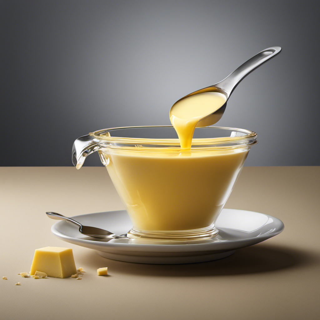 An image illustrating the butter-to-cup ratio by showing a measuring cup filled with precisely 1/3 cup of melted butter, while several tablespoons are poured into another cup, representing the equivalent amount