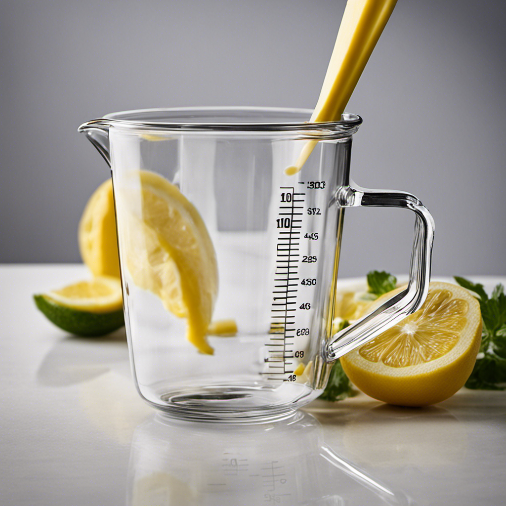 An image showcasing a clear glass measuring cup filled precisely to the 1/3 cup mark with melted butter, emphasizing the accurate measurement