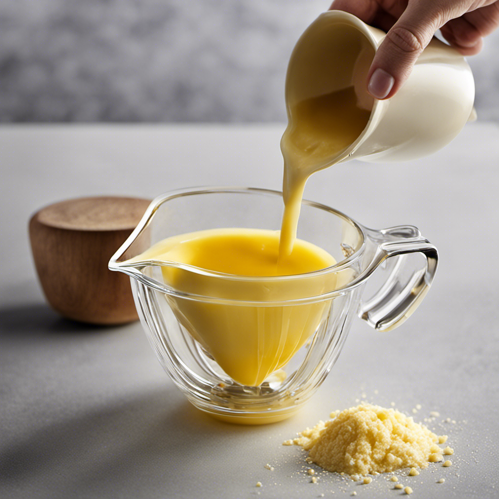An image showcasing a measuring cup filled with precisely 1/3 cup of melted butter, highlighted by a prominent tablespoon measurement alongside it, demonstrating a useful kitchen hack for accurately measuring butter