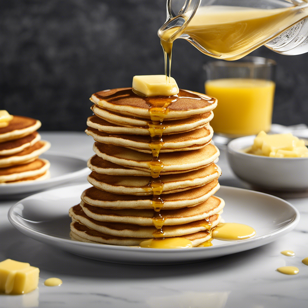 An image showcasing a measuring cup filled with 1/3 cup of melted butter, beautifully drizzling over a stack of golden pancakes, emphasizing the accurate conversion of 5 tablespoons and 1 teaspoon