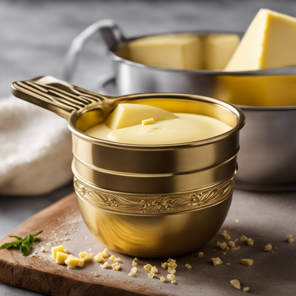 An image showcasing a measuring cup filled with precisely 1/3 cup of butter, beautifully capturing the golden, creamy texture and the level of butter exactly aligned with the 1/3 cup marking