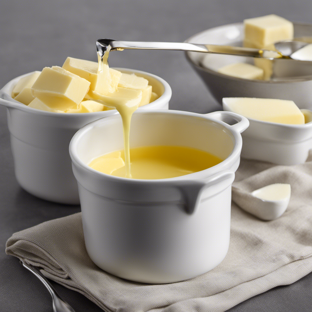 An image depicting a measuring cup filled with 1/3 cup of melted butter, surrounded by three identical tablespoons of butter