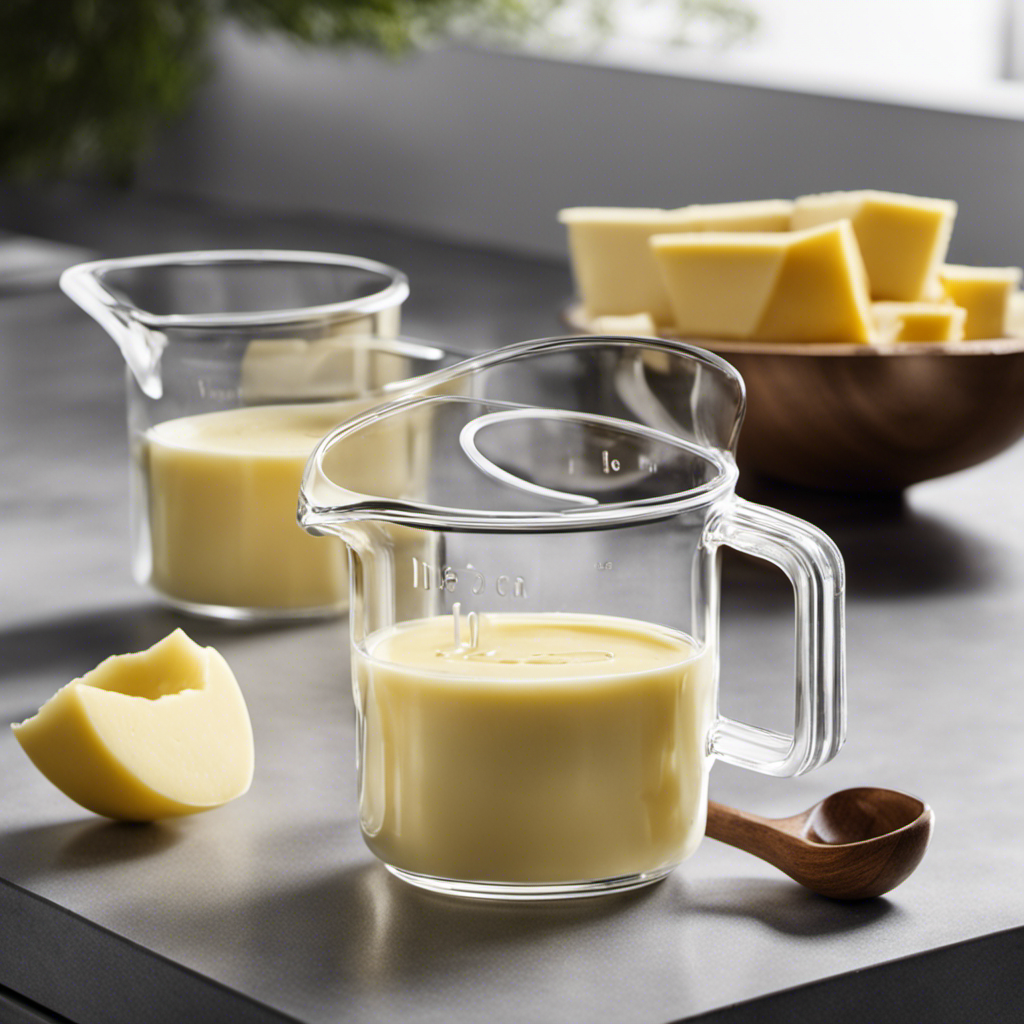 An image showcasing a clear glass measuring cup filled with precisely measured 1/3 cup of creamy butter, perfectly levelled at the top, surrounded by a few tablespoons of butter on a sleek kitchen countertop