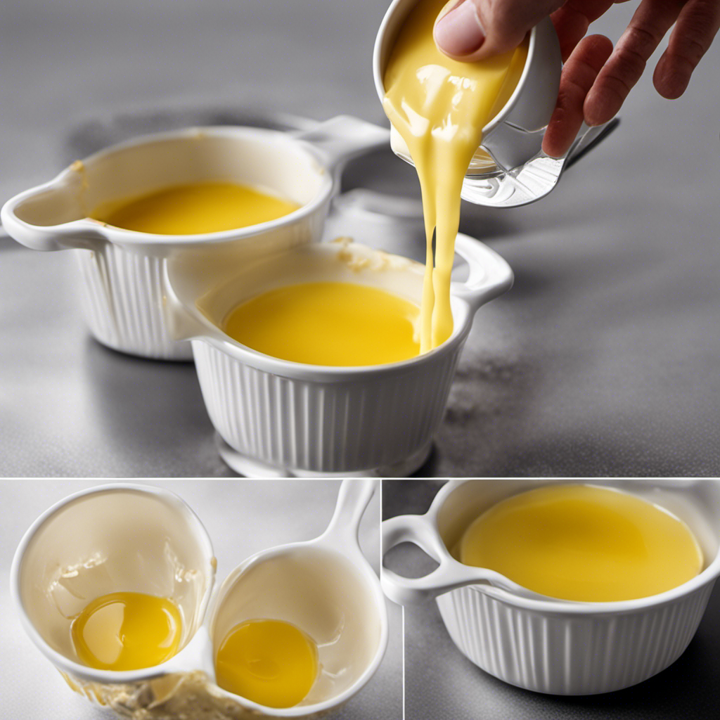 An image showing a measuring cup filled with 1/3 cup of melted butter, alongside three identical tablespoons, each filled with an equal amount of butter, illustrating the conversion of 1/3 cup to tablespoons