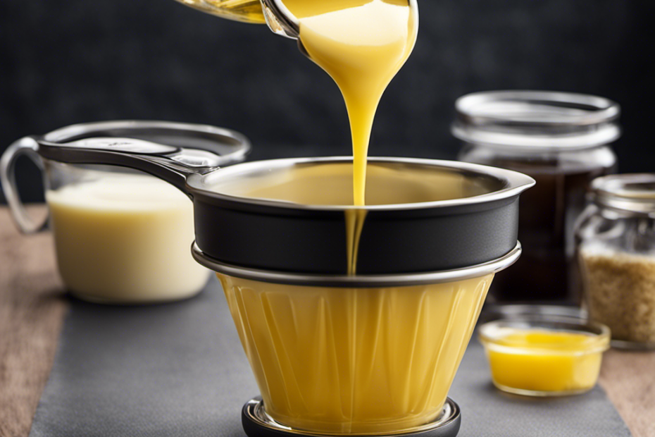 An image that showcases a measuring cup filled with 1/4 cup of melted butter, with four identical tablespoons placed neatly next to it, clearly indicating the conversion between the two measurements