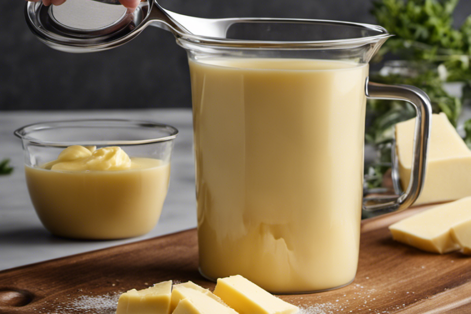 An image illustrating a measuring cup filled with 2/3 of a cup of butter, beautifully melted and cascading into a tablespoon below, showcasing the precise measurement conversion