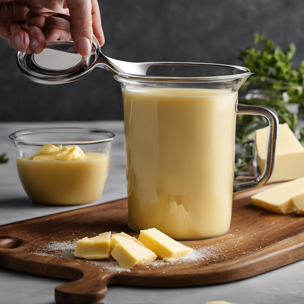 An image illustrating a measuring cup filled with 2/3 of a cup of butter, beautifully melted and cascading into a tablespoon below, showcasing the precise measurement conversion