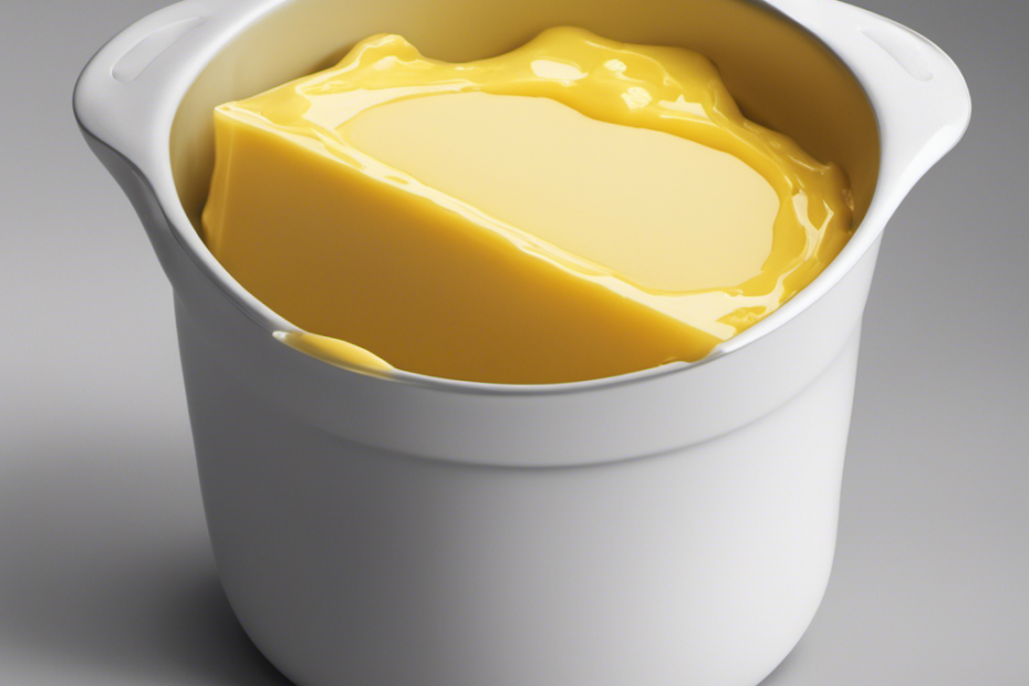 An image that showcases a measuring cup filled with precisely 3/4 cup of melted butter