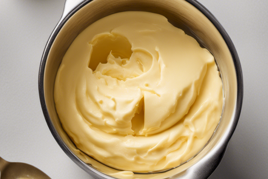 An image showcasing a measuring cup filled with creamy, golden butter, perfectly leveled off at the 1/2 cup mark