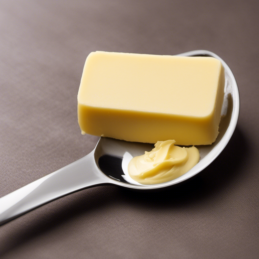An image showcasing a close-up of a measuring spoon holding a perfect tablespoon-sized portion of solid butter