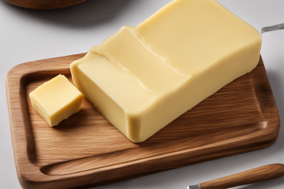 An image showcasing a wooden butter dish with a perfectly measured stick of butter