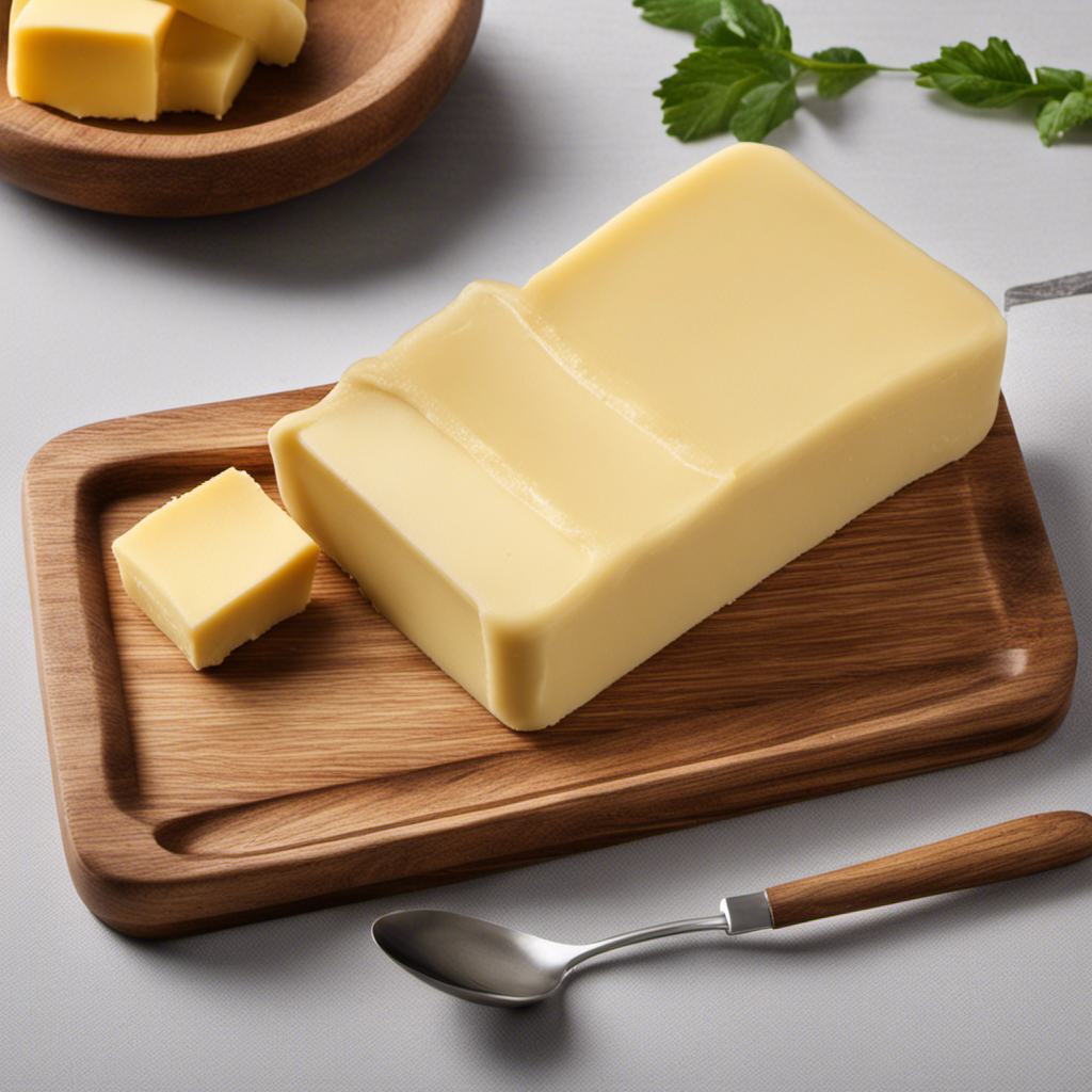 An image showcasing a wooden butter dish with a perfectly measured stick of butter