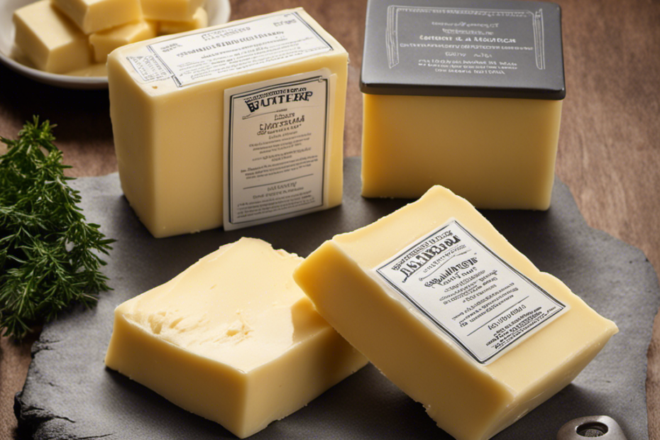 An image showcasing a stack of four rectangular sticks of butter, each labeled with a measurement of 1 tablespoon, 2 tablespoons, 4 tablespoons, and 8 tablespoons respectively