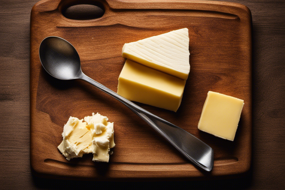 An image showcasing a wooden cutting board with a neatly sliced stick of butter on top, while a measuring spoon with tablespoons is placed next to it, providing a visual representation of how many tablespoons are in a stick of butter