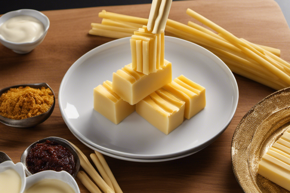An image that showcases a stack of smooth, golden butter sticks, each precisely marked with tablespoon measurements