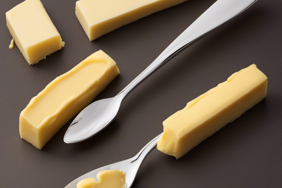 An image showcasing a stick of butter, cut into precise tablespoon measurements
