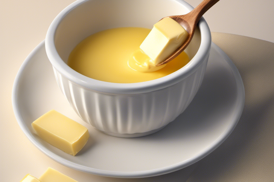 An image showcasing a measuring cup filled with 2/3 cup of butter, alongside a spoon holding precisely 2 tablespoons of butter