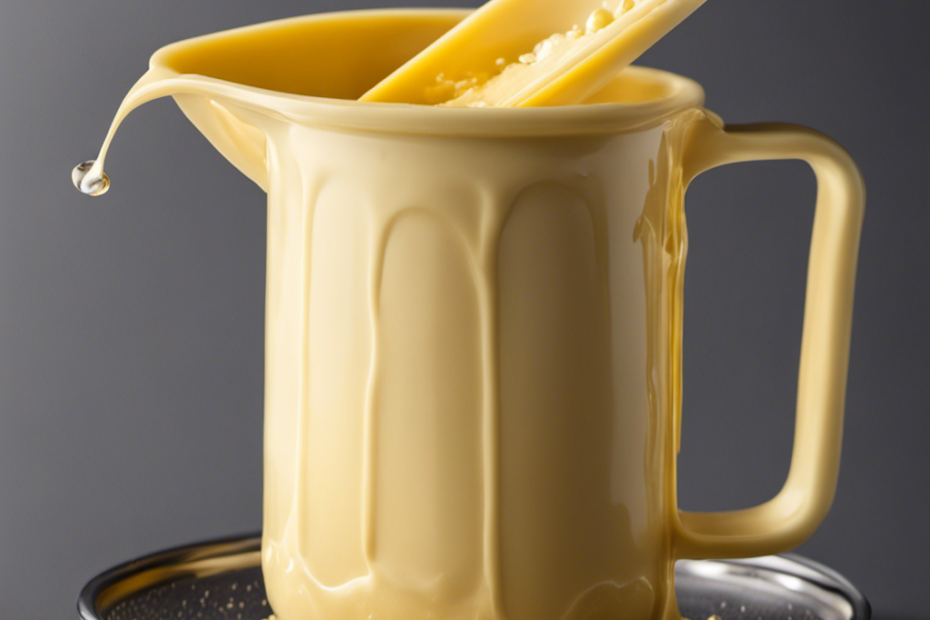 An image capturing the process of measuring 1/2 cup of butter, showcasing a standard measuring cup filled with creamy, golden butter, perfectly leveled to the brim, with small droplets slowly melting on the surface