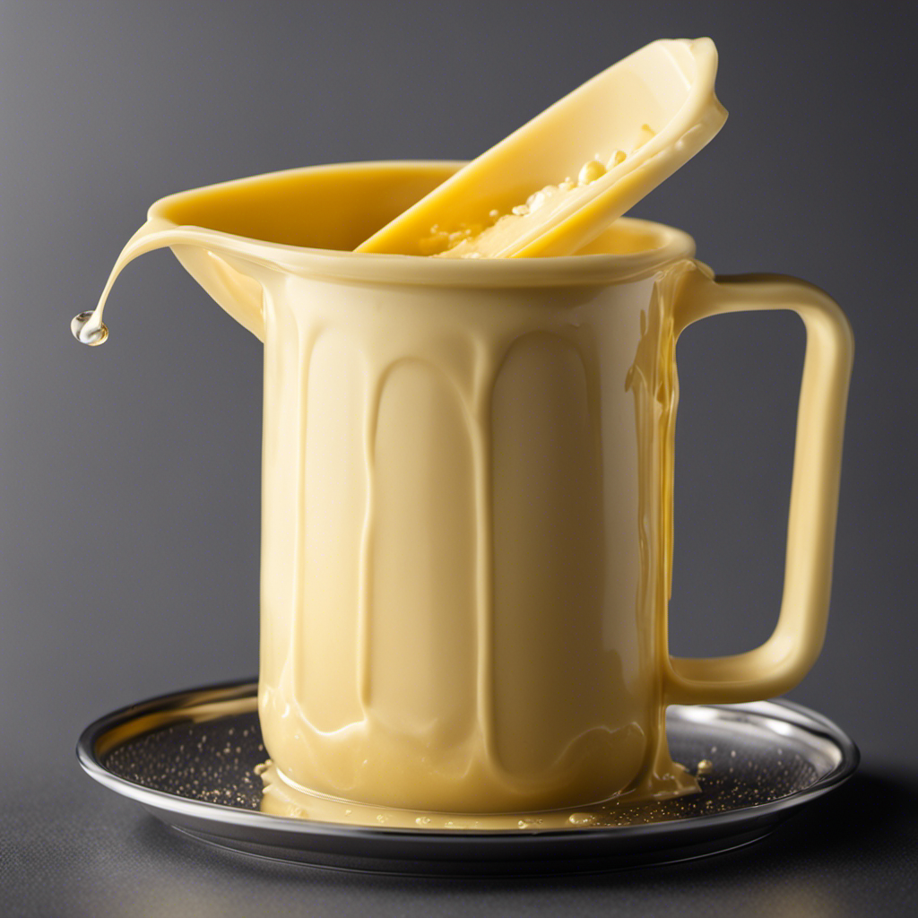 An image capturing the process of measuring 1/2 cup of butter, showcasing a standard measuring cup filled with creamy, golden butter, perfectly leveled to the brim, with small droplets slowly melting on the surface