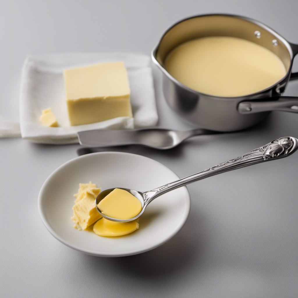An image showcasing a measuring spoon filled with 5 tablespoons of butter, perfectly leveled, next to a measuring cup filled with 1/3 cup of butter, highlighting the importance of accurate measurements in baking