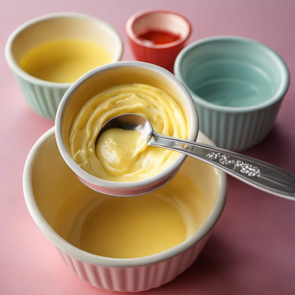 An image showcasing a measuring cup filled with 1/3 cup of butter, surrounded by three identical tablespoons