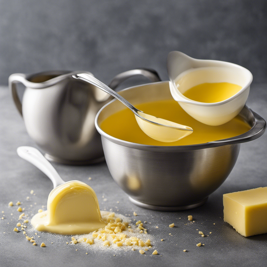 An image showcasing a measuring cup filled with precisely 1/3 cup of melted butter, with tablespoons marked along its side