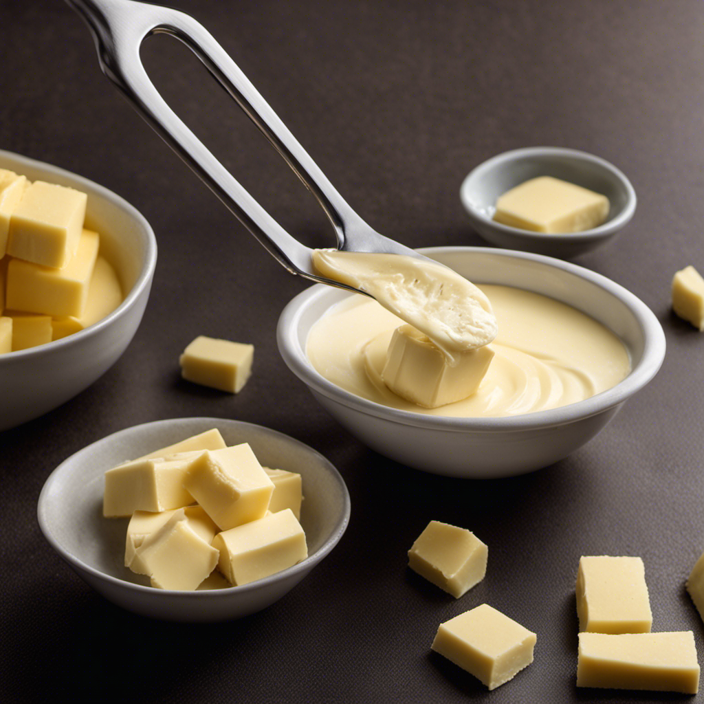 An image showcasing a precise measurement of 1/3 cup of butter using a tablespoon
