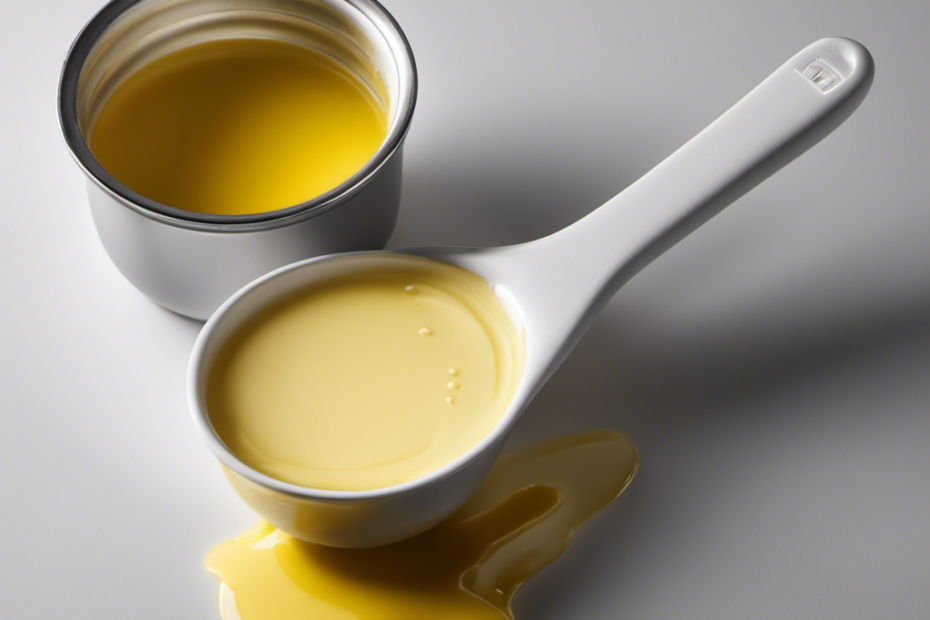 An image showing a measuring cup filled with precisely 1/3 cup of melted butter, alongside a tablespoon placed next to it, illustrating the conversion from cups to tablespoons