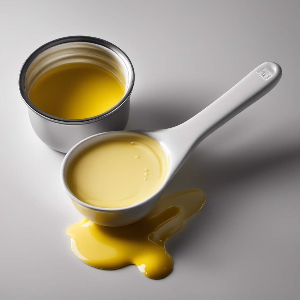 An image showing a measuring cup filled with precisely 1/3 cup of melted butter, alongside a tablespoon placed next to it, illustrating the conversion from cups to tablespoons