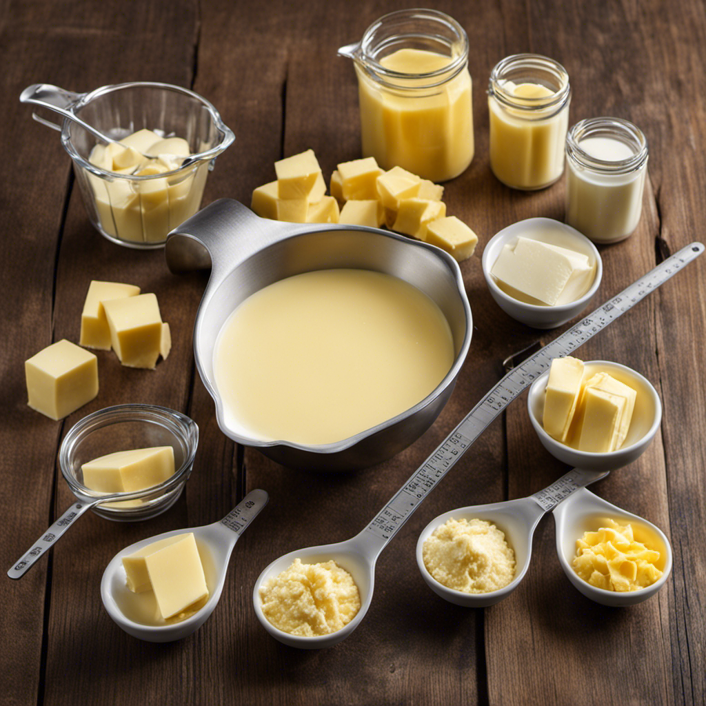 An image showcasing the conversion from tablespoons to 1/3 cup of butter, depicting a measuring cup filled with precisely 5 1/3 tablespoons of butter, surrounded by a series of labeled tablespoons