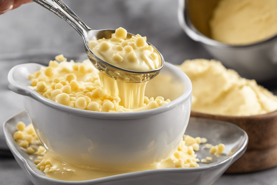 An image showcasing a measuring cup filled with 2/3 cup of creamy butter, while beside it, a tablespoon overflows with golden droplets, perfectly illustrating the conversion