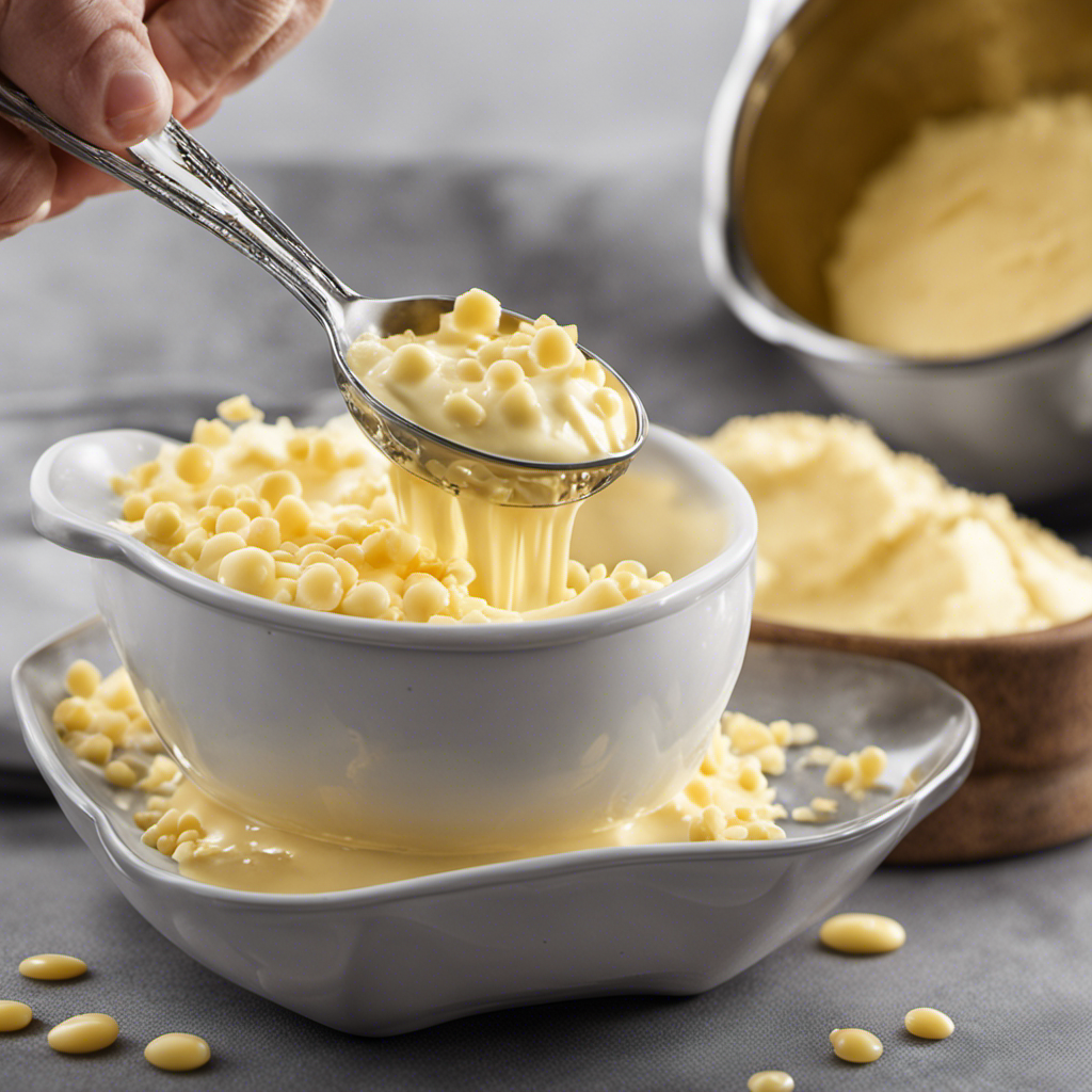 An image showcasing a measuring cup filled with 2/3 cup of creamy butter, while beside it, a tablespoon overflows with golden droplets, perfectly illustrating the conversion