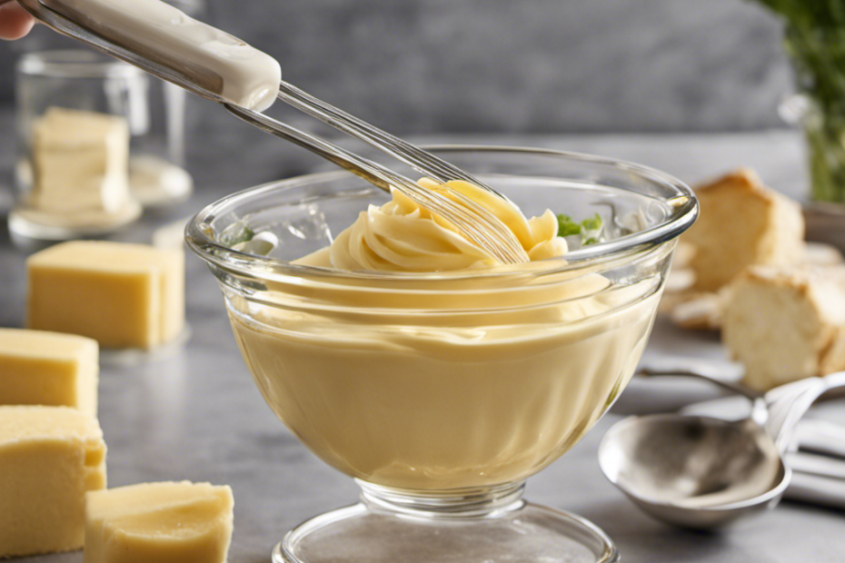 An image showcasing a clear glass measuring cup filled with 3/4 cup of creamy, golden butter