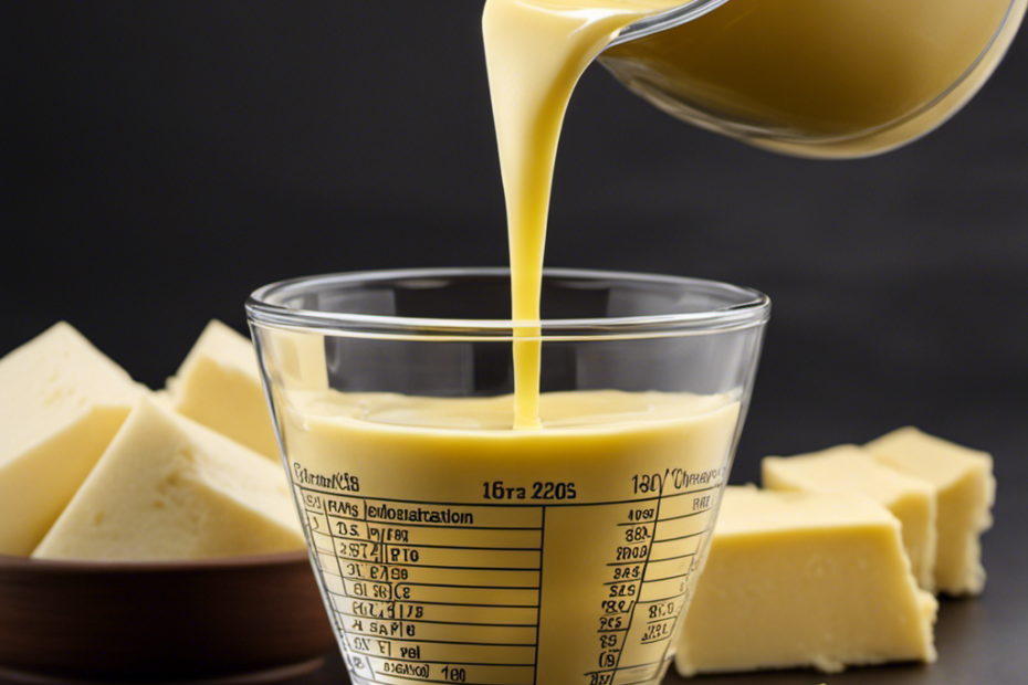 An image showcasing a measuring cup filled with 1/2 cup of butter, while a tablespoon is being poured into it
