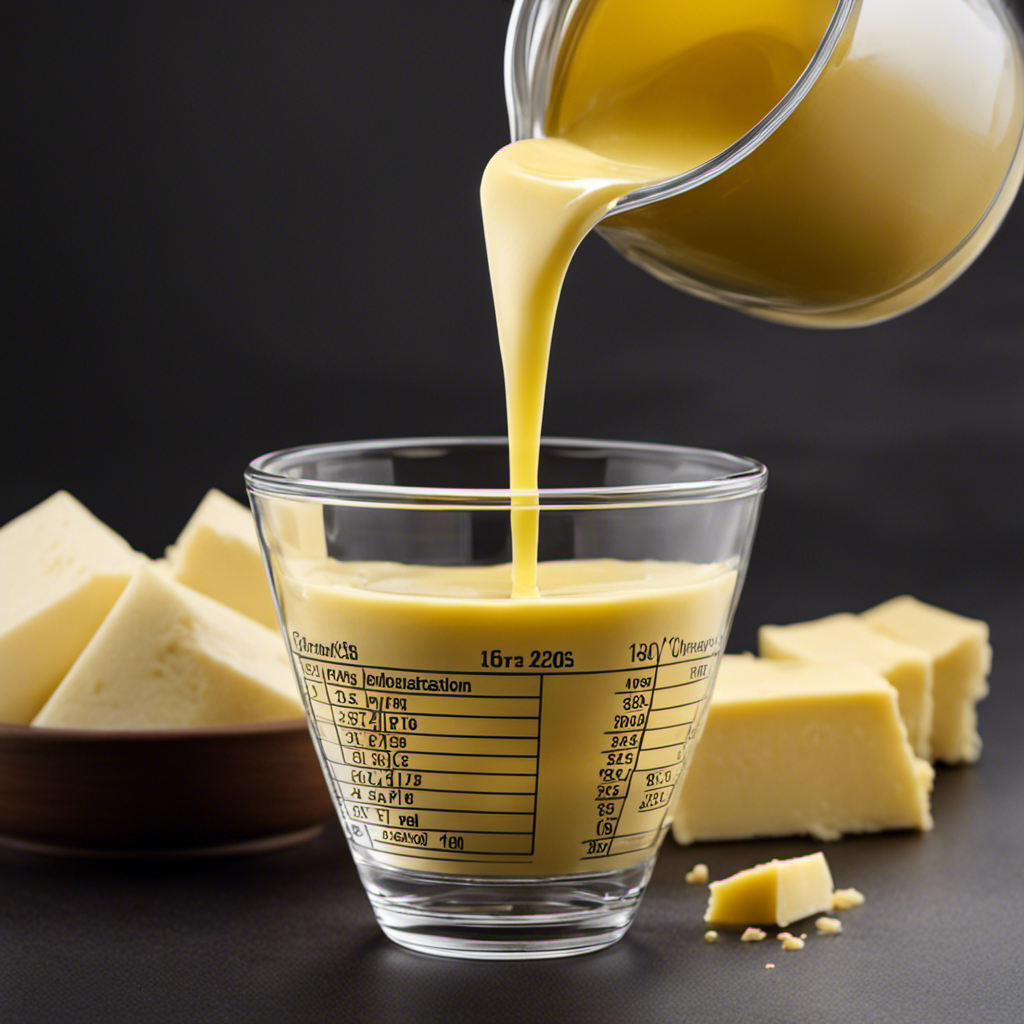 An image showcasing a measuring cup filled with 1/2 cup of butter, while a tablespoon is being poured into it