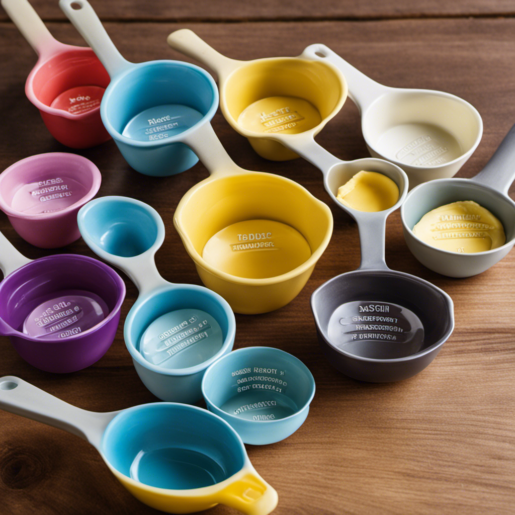 An image showcasing various measuring cups filled with butter, each labeled with the corresponding tablespoon measurement