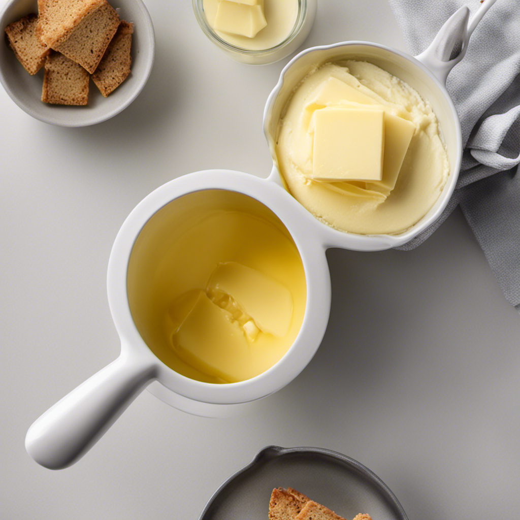 An image showcasing a measuring cup filled with butter, precisely measured to demonstrate the conversion of 1 cup of butter into tablespoons, emphasizing accuracy and precision in baking recipes