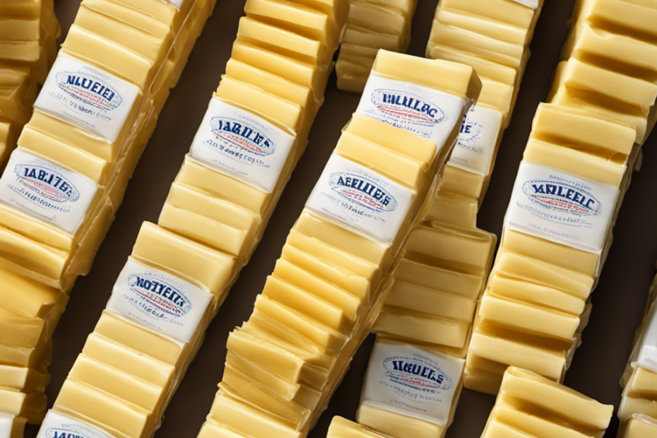 An image showcasing a stack of 16 rectangular sticks of butter, each marked with a tablespoon measurement, gradually filling a transparent cup, representing the conversion of 1 cup of butter to 16 tablespoons