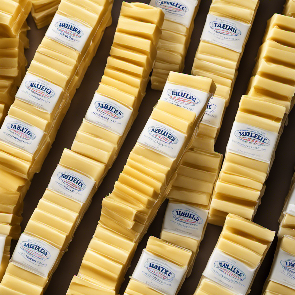 An image showcasing a stack of 16 rectangular sticks of butter, each marked with a tablespoon measurement, gradually filling a transparent cup, representing the conversion of 1 cup of butter to 16 tablespoons