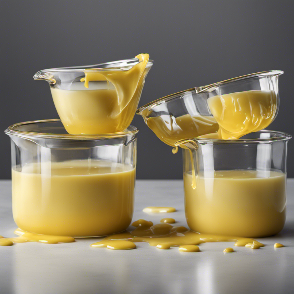 An image showcasing a measuring cup filled with melted butter up to the 1/4 cup mark, surrounded by four identical tablespoons, each filled with butter up to the brim