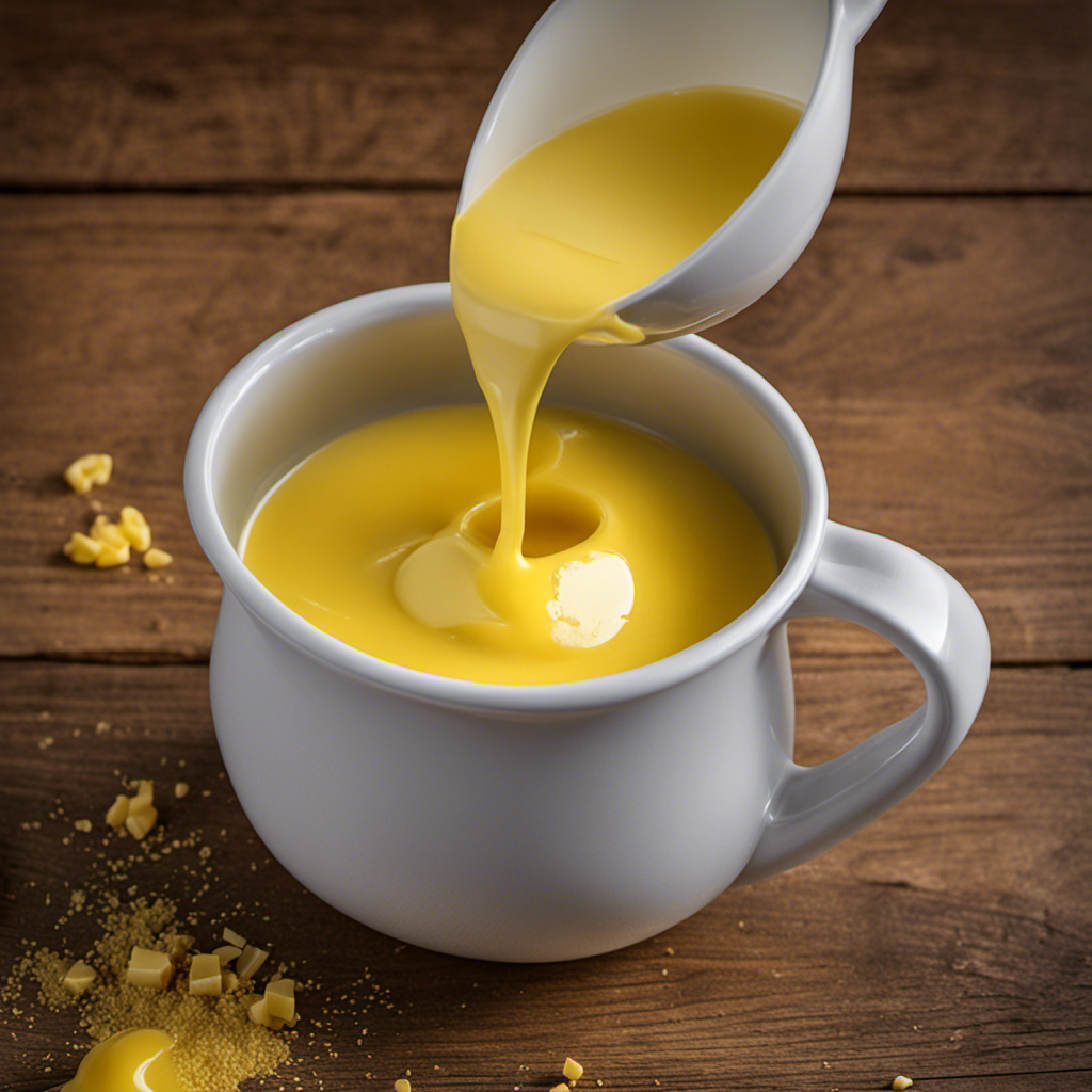 An image depicting a measuring cup filled with melted butter, with 16 labeled tablespoons poured into it, symbolizing the conversion ratio of 1 cup of butter equaling 16 tablespoons