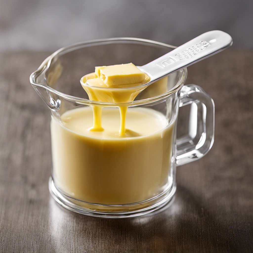 An image showcasing a clear glass measuring cup filled with 1 cup of creamy, golden butter, precisely measured up to the brim