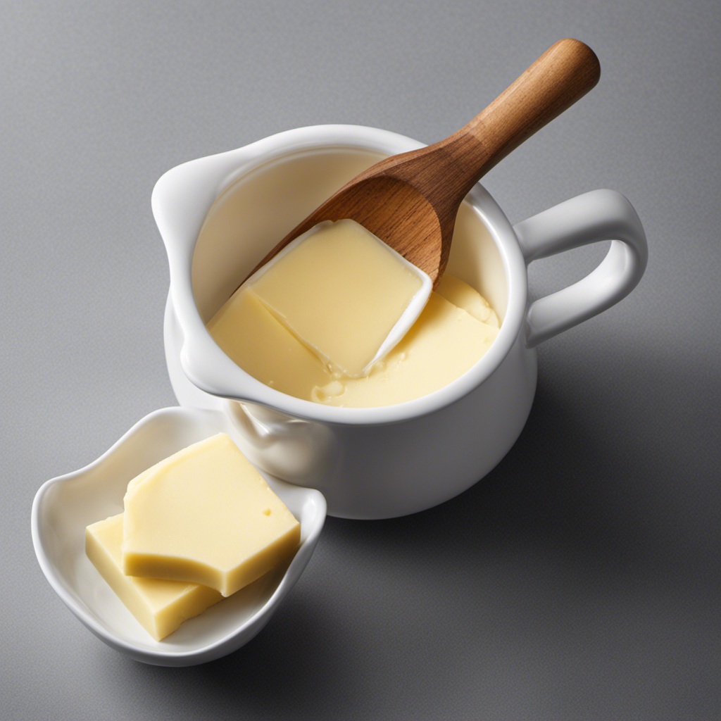 An image showcasing a measuring cup filled with a smooth, creamy half cup of butter, perfectly portioned into precisely 8 tablespoons
