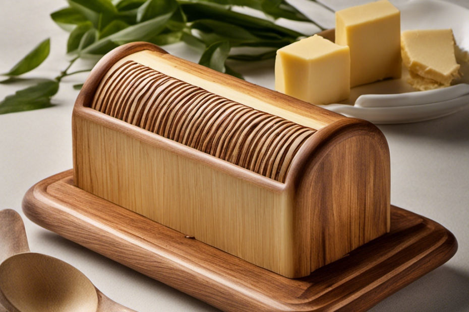 An image that showcases a wooden butter dish with a vintage-looking butter stick placed on it
