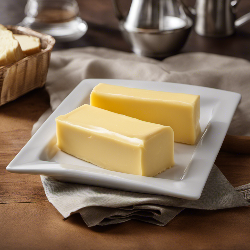 An image showcasing a close-up shot of a standard-sized stick of butter, measuring precisely 4 inches in length and wrapped in its iconic rectangular packaging
