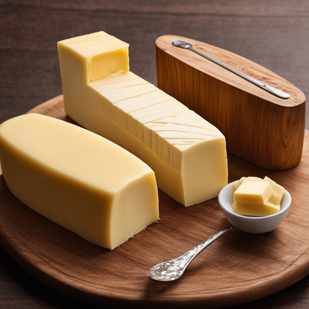 An image displaying a wooden stick of butter, divided into sections, with each section representing one tablespoon